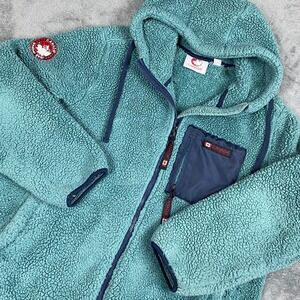 Vtg Canada Weathergear Women Fleece Jacket 2X Teal Blue Sherpa Hooded Zip Pocket